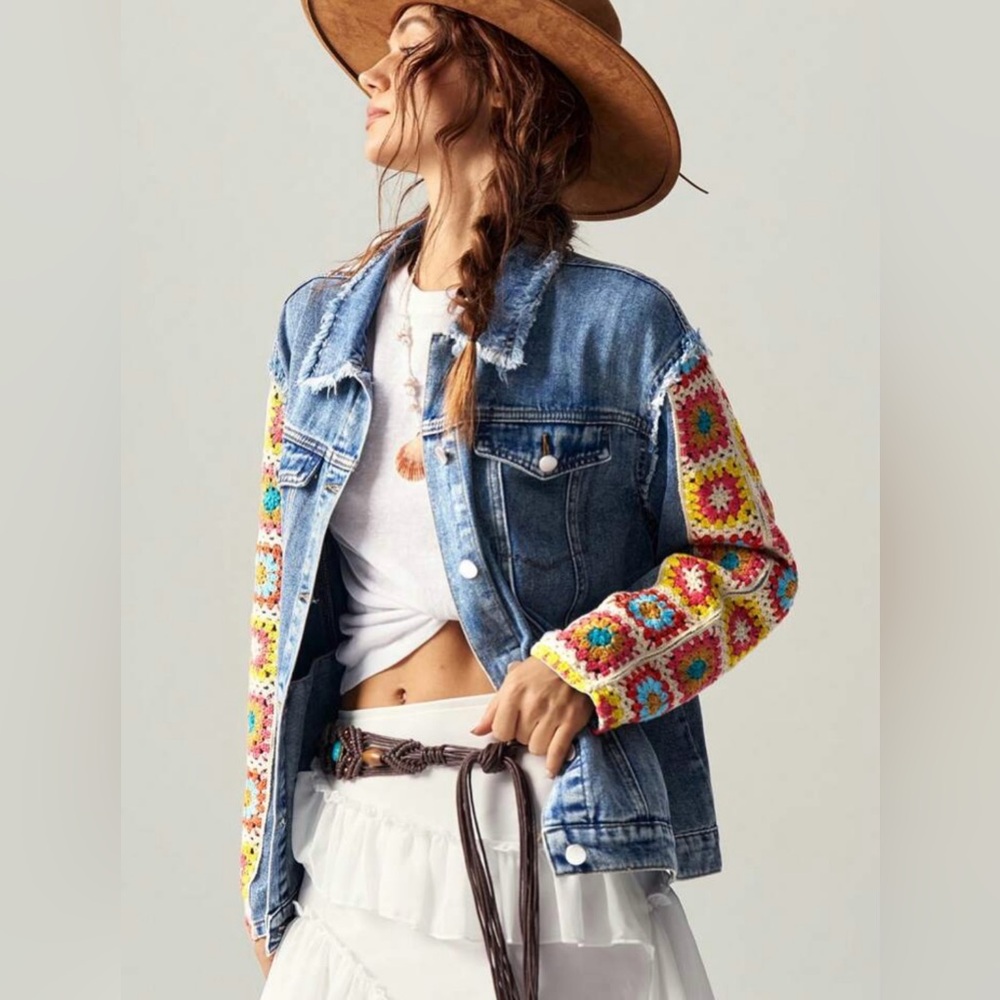 Granny Square Sleeves Denim Jacket